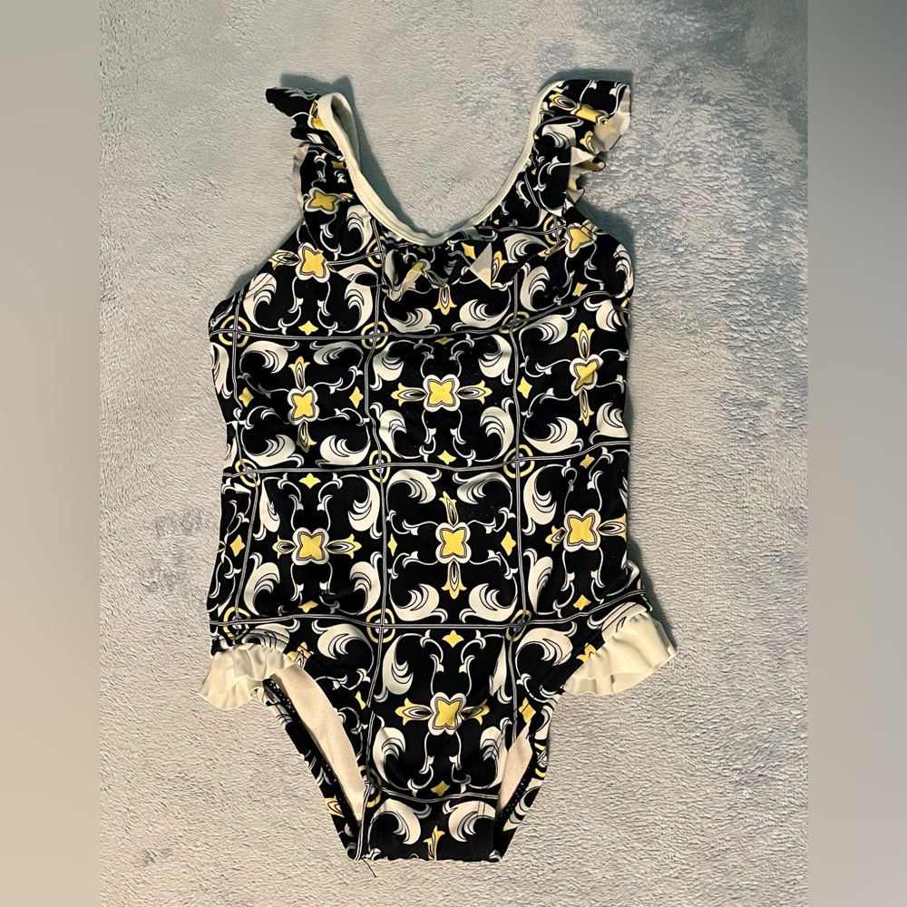 Janie and Jack toddler swimsuit. Navy blue, white and yellow colors.